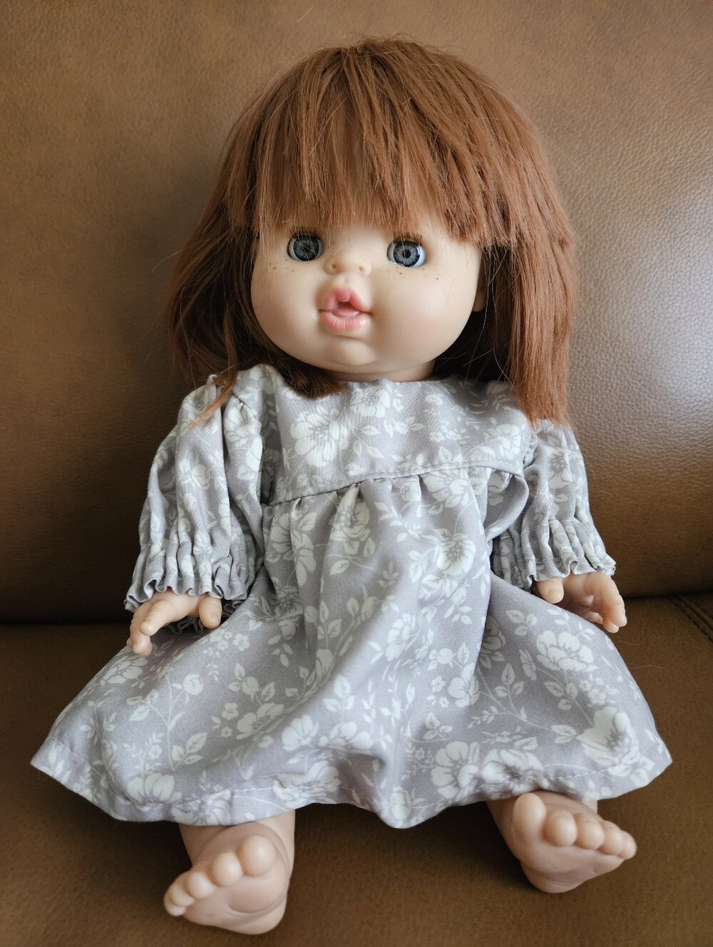 Minikane Gordis Soft Vinyl Baby Doll with a Gray Floral Dress Handmade IN CANADA